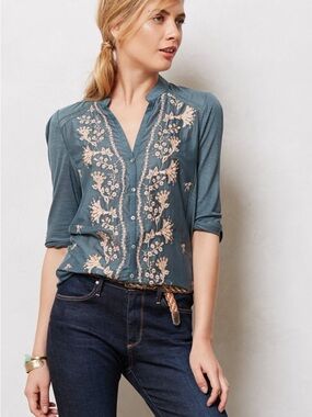 Rapsodia Embroidered Boho Blouse Teal Floral Button Front 3/4 Sleeve